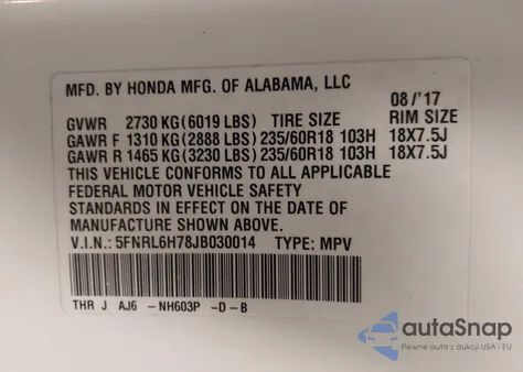 2018 Honda Odyssey Ex-L z USA, uszkodzony, nr VIN 5FNRL6H78JB030014